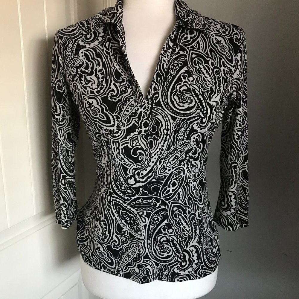 INC 3/4-length Sleeve Deep V-Neck Black & White Mesh Jersey Collar Top. Small